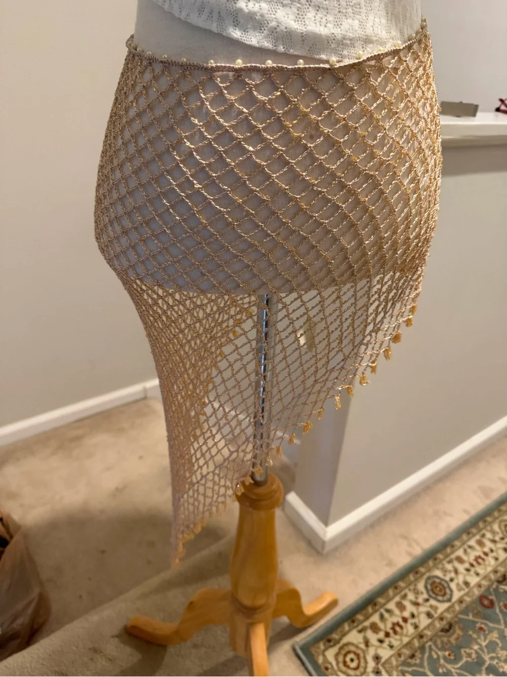 Tan  Mesh Beaded Crochet Fringe Poncho/Shawl/Scarf. Cover Up. Tassels.